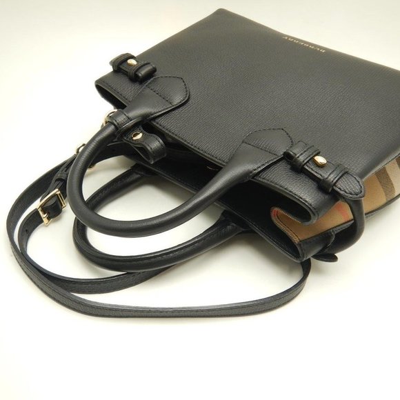 Burberry Small Banner Bag Calf Canvas Check Pattern Crossbody Black - Picture 4 of 8